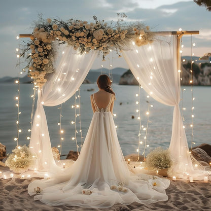 Fomcet Tulle Backdrop Curtains with Lights String White 10FT X 8FT Sheer Curtain with Lights Tulle Curtains Backdrop for Wedding Birthday Party Baby Shower Photo Shoot (2 Panels 5x8FT)