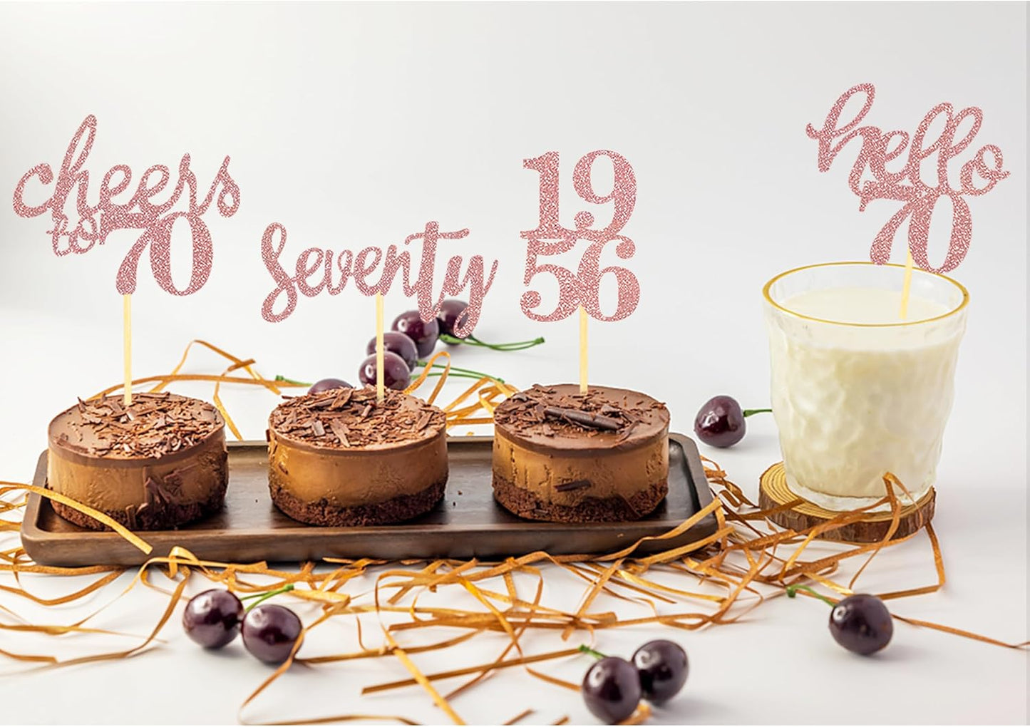 24 Pcs Glitter 70th Birthday Cupcake Toppers for Celebrating 70th Birthday Party Decorations for Seventy Years Old Birthday Party Supplies (Rose Gold2)