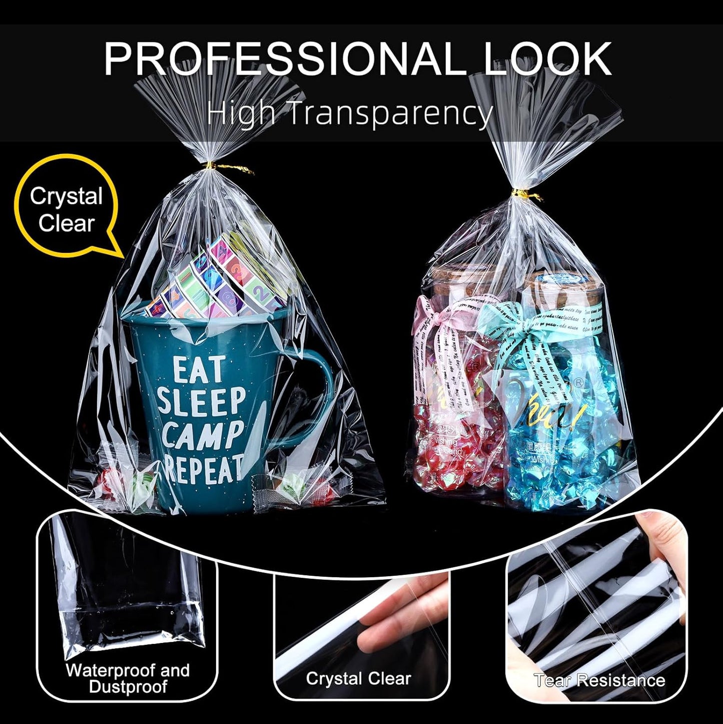 Clear Candy Bags 100pcs 6X10 Cellophane Treat Bag Party Favor Goodie Cake Pop Gift Apple Cello for Gift Baskets Bakery Cookie with Ties