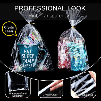 Clear Candy Bags 100pcs 6X10 Cellophane Treat Bag Party Favor Goodie Cake Pop Gift Apple Cello for Gift Baskets Bakery Cookie with Ties