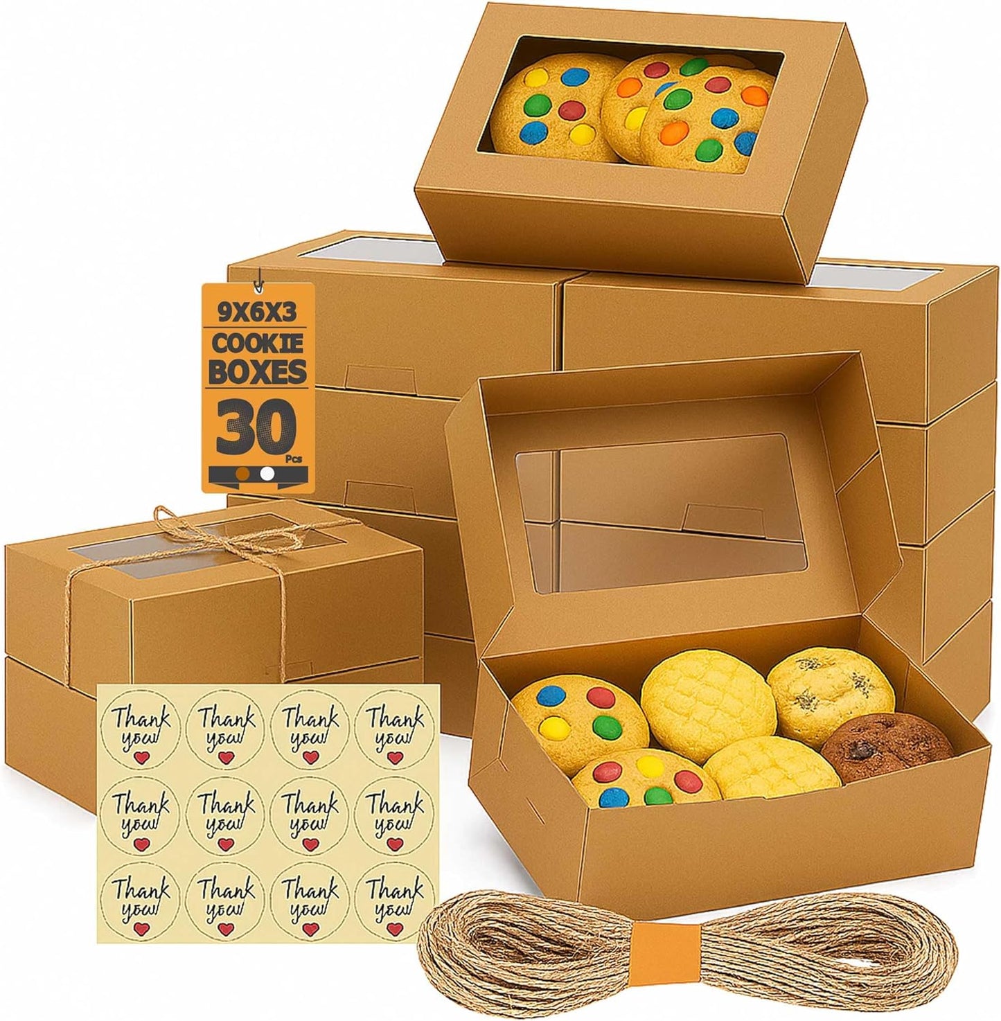 Leafiew 30 Pack Cookie Boxes with Window for Gift Giving – 9x6x3 Inches Bakery Boxes - Small Cookie Containers for Treats, Desserts, Strawberries, Cupcake, Pastry, Charcuterie, Baked Goods (Brown)