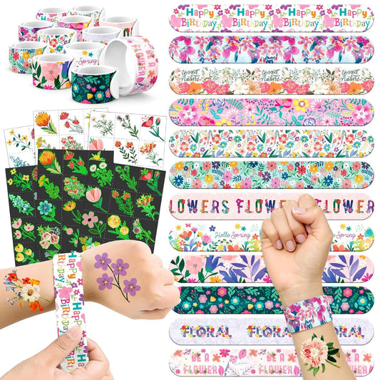 96 PCS Wildflower Birthday Party Decorations – 72 Pre-Cut Temporary Tattoos & 24 Slap Bracelets for Girls, Perfect for Spring Theme Birthday Supplies, Floral Flower Birthday & Classroom Rewards