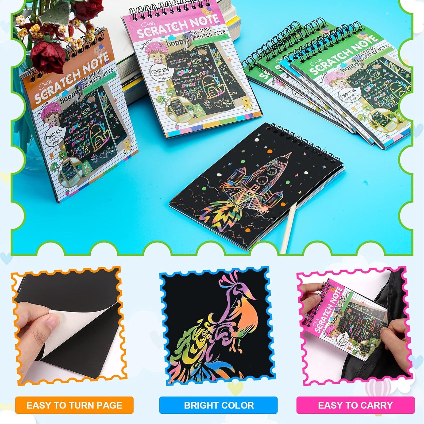 Blcculi 10 Pack Rainbow Scratch Notebooks,Scratch Note Pads,Rainbow Scratch Notes with Wooden Stylus,Scratch Art for Party Favors Arts and Crafts Activity