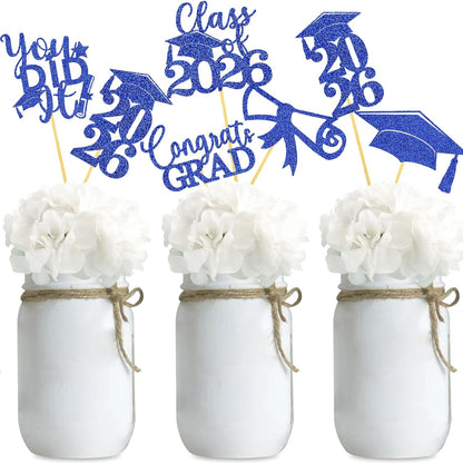 Graduation Centerpiece Sticks 24PCS Glitter Grad Picks Party Table Decor Senior High School College Sign Gold