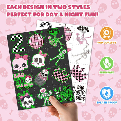 96 PCS Bad Two the Bone Party Favors Set – 72 Pre-Cut Temporary Tattoos & 24 Rock-Inspired Slap Bracelets for Kids, Perfect for Punk Birthday Parties & Classroom Rewards
