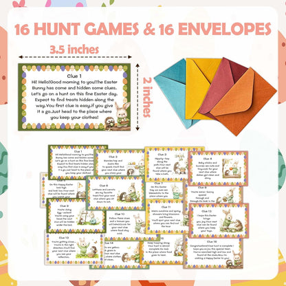 Rainfly Easter Scavenger Hunt, Indoor Clue Card Games, Bunny Treasure Hunt Clues Cards, Easter Party Games for Family Adults, Holiday Party Activities Supplies (16 Clues Cards With Envelopes) -A01