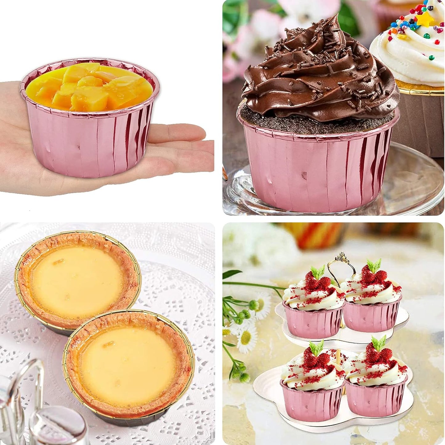 Cupcake Liners with Lids 50 Pack,LNYZQUS 5oz Large Foil Cupcake Cups Muffin Tins,Disposable Baking Cups Muffin Liners Wrappers Holders for Wedding Valentine-Pink in gold
