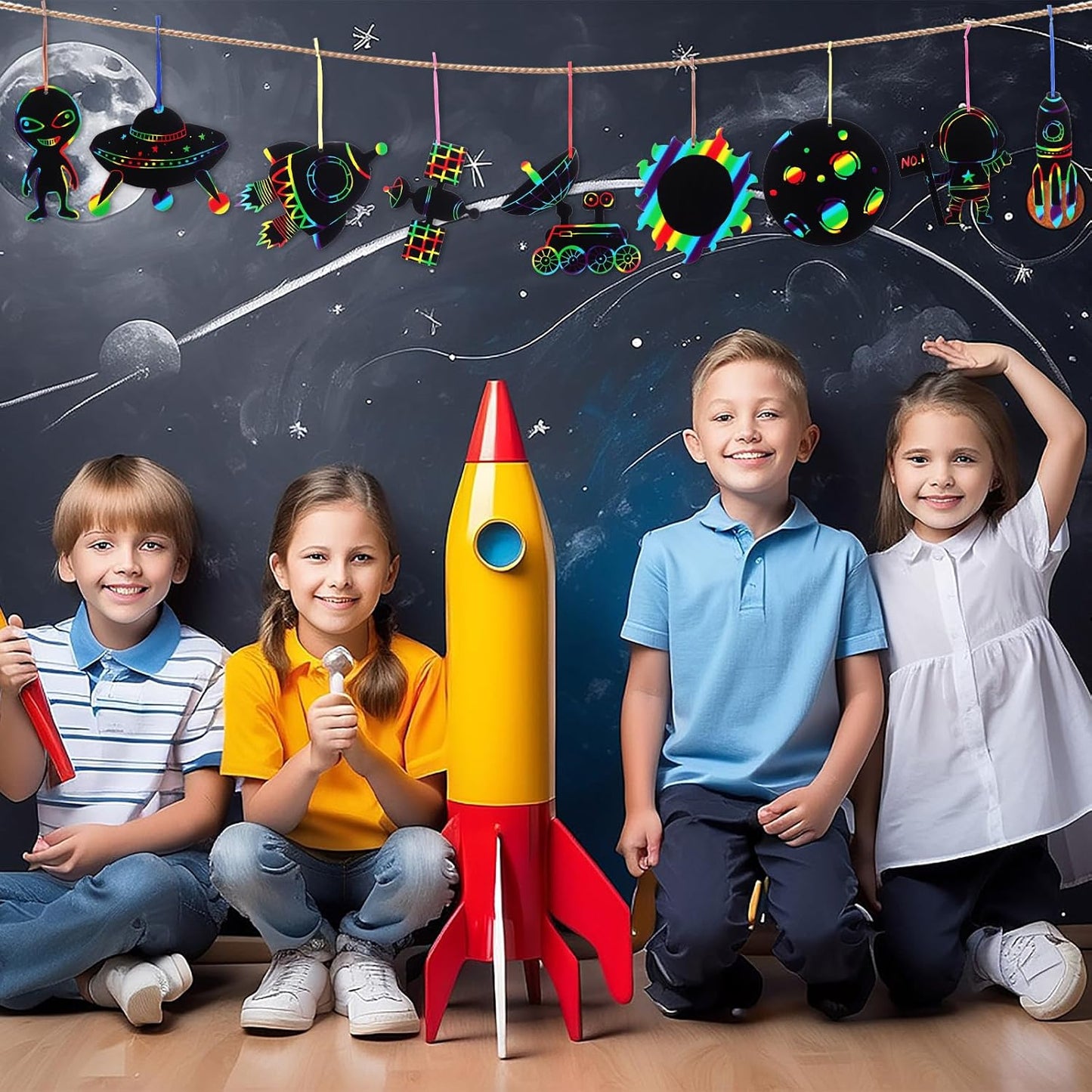 64 Set Space Theme Scratch Paper Rainbow Outer Space Scratch Cards DIY Rocket Scratch Paper Craft Art Cards Kits with Wood Stylus Ribbon for Home School Decor Christmas Birthday Space Party Favors