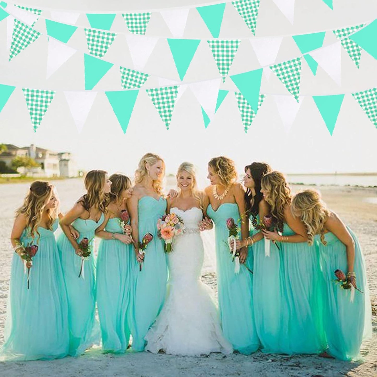 32Ft Dusty Blue Party Decorations Retro Blue Gingham Triangle Banner Flag Pennant Fabric Garland Streamers for Nautical Wedding Birthday Ahoy Achor Bridal Baby Shower Under The Sea Decor Supplies