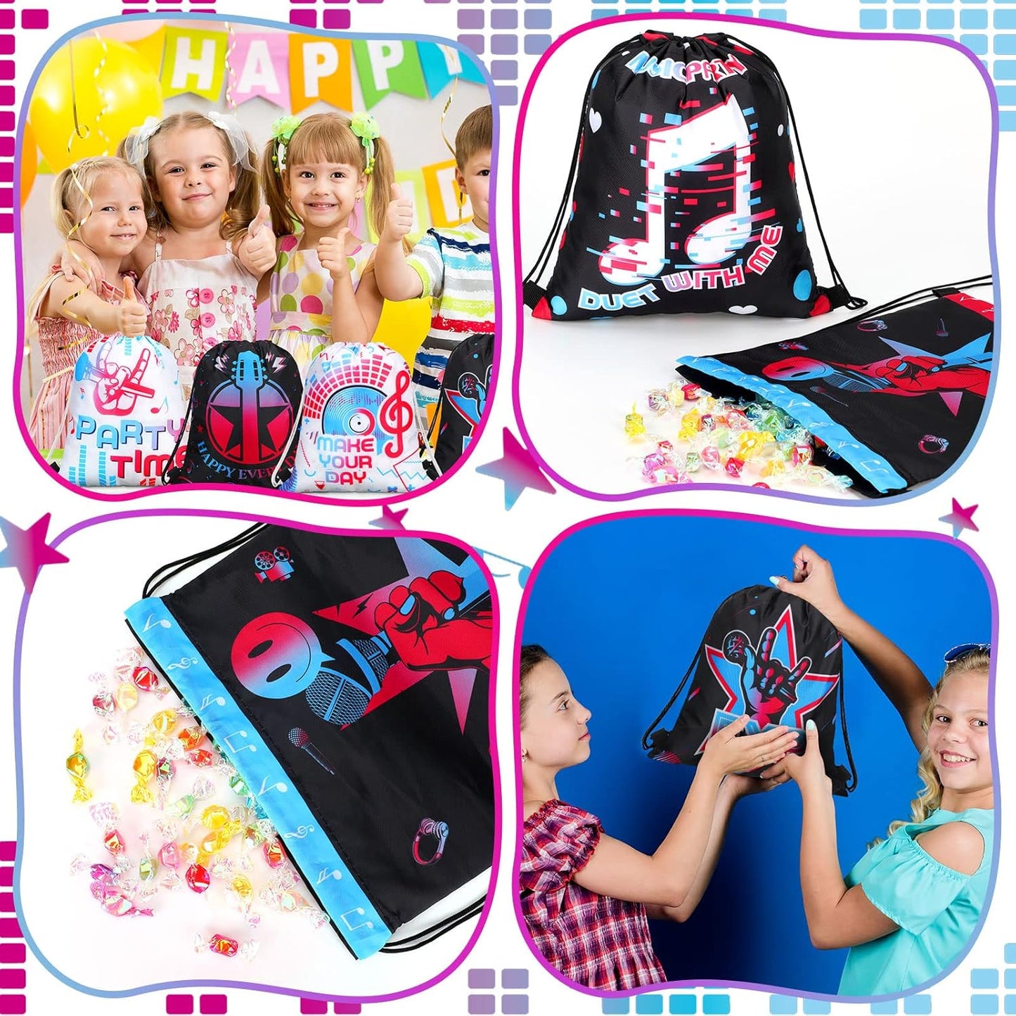Funtery 32 Pcs Glow Party Drawstring Bags Glow Party Favors Neon Birthday Treat Bags for Teens Social Media Theme Gifts School Travel Supplies, 11.81 x 9.84 Inch