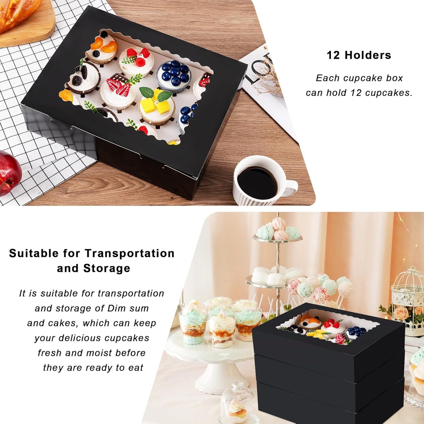 Hoewina 6PCS Cupcake Boxes - Hold 12 Count Cupcake Containers with Window, Food Grade Cupcake Holder Easy Transport and Presentation - Ideal for Cupcakes, Desserts, and More