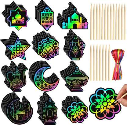 Deekin 120 Pcs Eid Scratch Paper Set Ramadan Crafts Scratch Cards Hanging Ramadan Gifts Eid Magical Party Activities DIY Art Painting Project Supplies