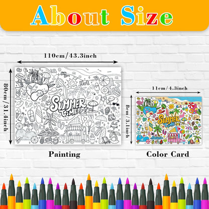 43.3x31.5 Summer Coloring Poster with Picture, Giant Cute Painting Poster, Large Coloring Tablecloth for Classroom Home Birthday Party Supplies Favor