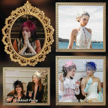 Fascinators Hats for Women Tea Party Hat Feather Mesh Headband Vintage Lace Cocktail Headwear Veil Hair Clip Church