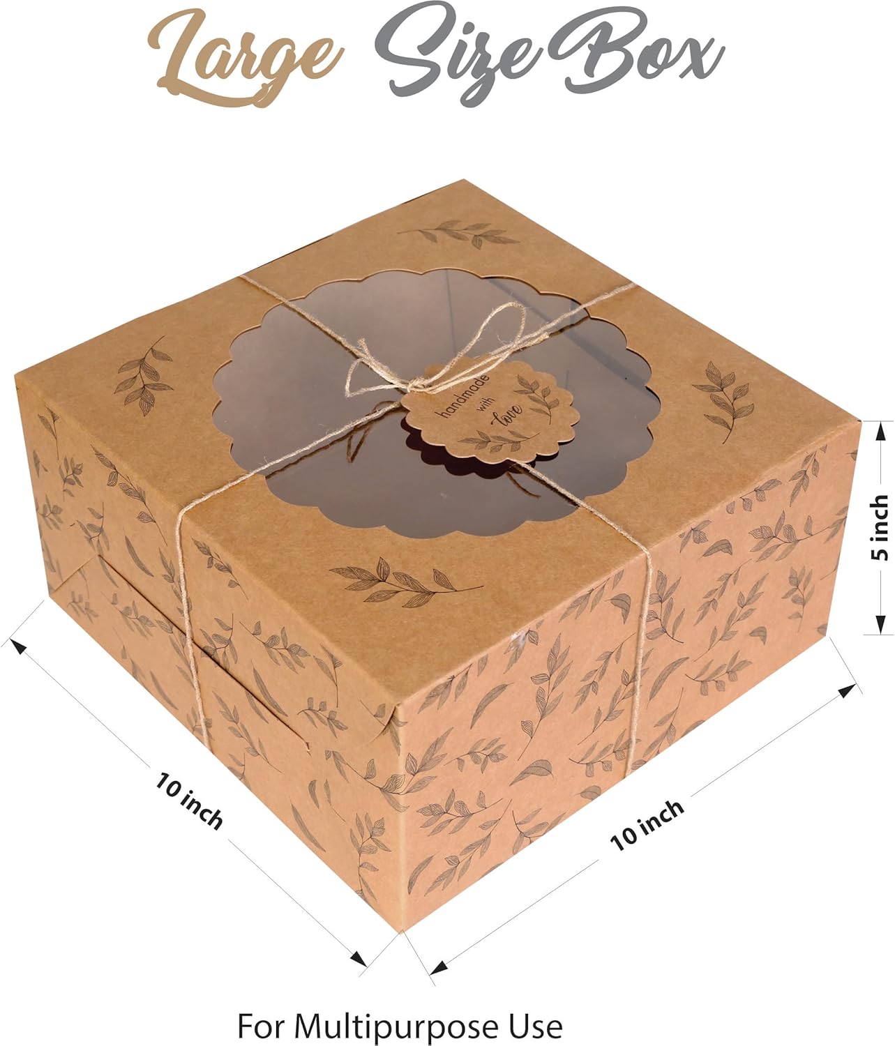 Kraft Cake Boxes with Window (10pcs) - Brown Bakery Boxes for Cakes, Donuts, Pie, Cookies, Cupcakes, Chocolates, Desserts: Size 10x10x5 Inches