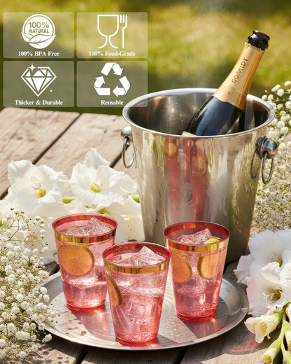 Goodluck 100PCS 9oz Gold Plastic Cups for Party, Disposable Gold Rim Cups, Plastic Cocktail Glasses for Wedding Thanksgiving, Christmas, and Parties