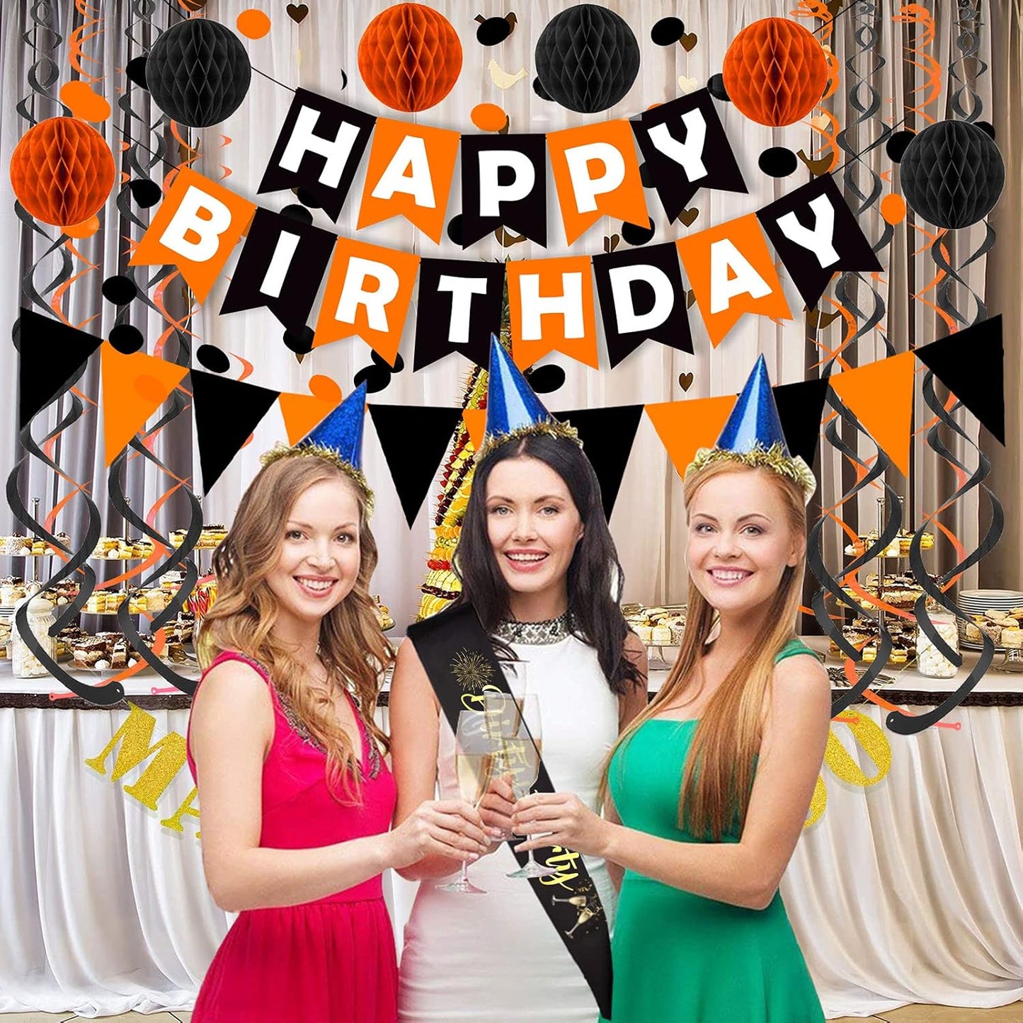 Fecedy Happy Birthday Banner With Colorful Paper Flag Bunting Paper Circle Confetti Garland Swirl Streamers Honeycomb ball for Birthday Party Decorations