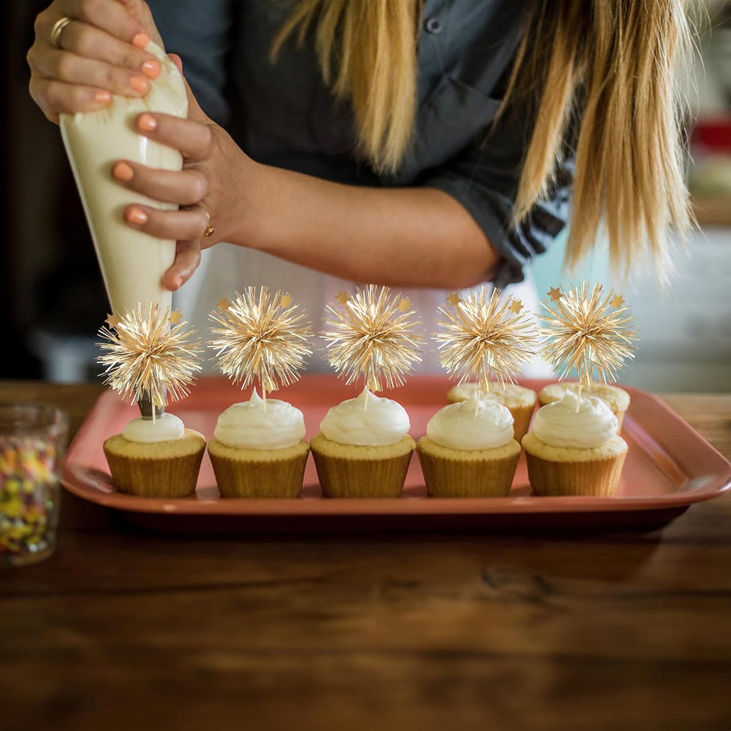 Ephlyn 30Pcs Foil Firework Cupcake Toppers Sparkle Tinsel Cupcake Picks Drink Stirrers Cocktail Food Fruit Toothpicks for Baby Shower Graduation Party Supplies White