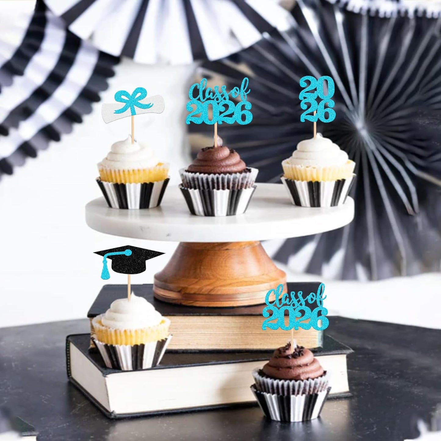 36 PCS 2026 Graduation Theme Cupcake Toppers Glitter Class of 2026 Grad Cap Diploma Cupcake Picks 2026 Graduation Theme Party Cake Decorations Supplies Deep Blue