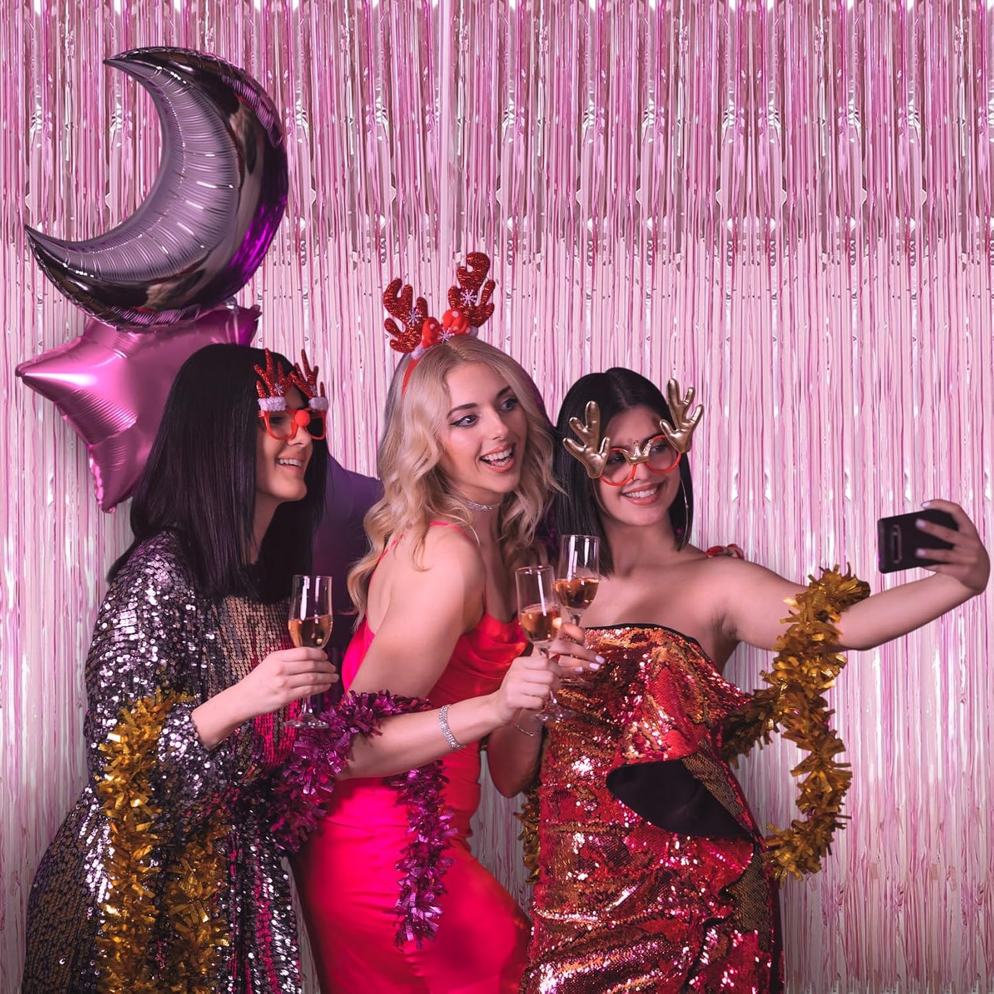 Birthday Party Decorations: 3 Pack 3.3 x 9.9 ft Gold Foil Fringe Curtains Party Supplies, Tinsel Curtain Backdrop for Parties/Birthday/Photo Booth