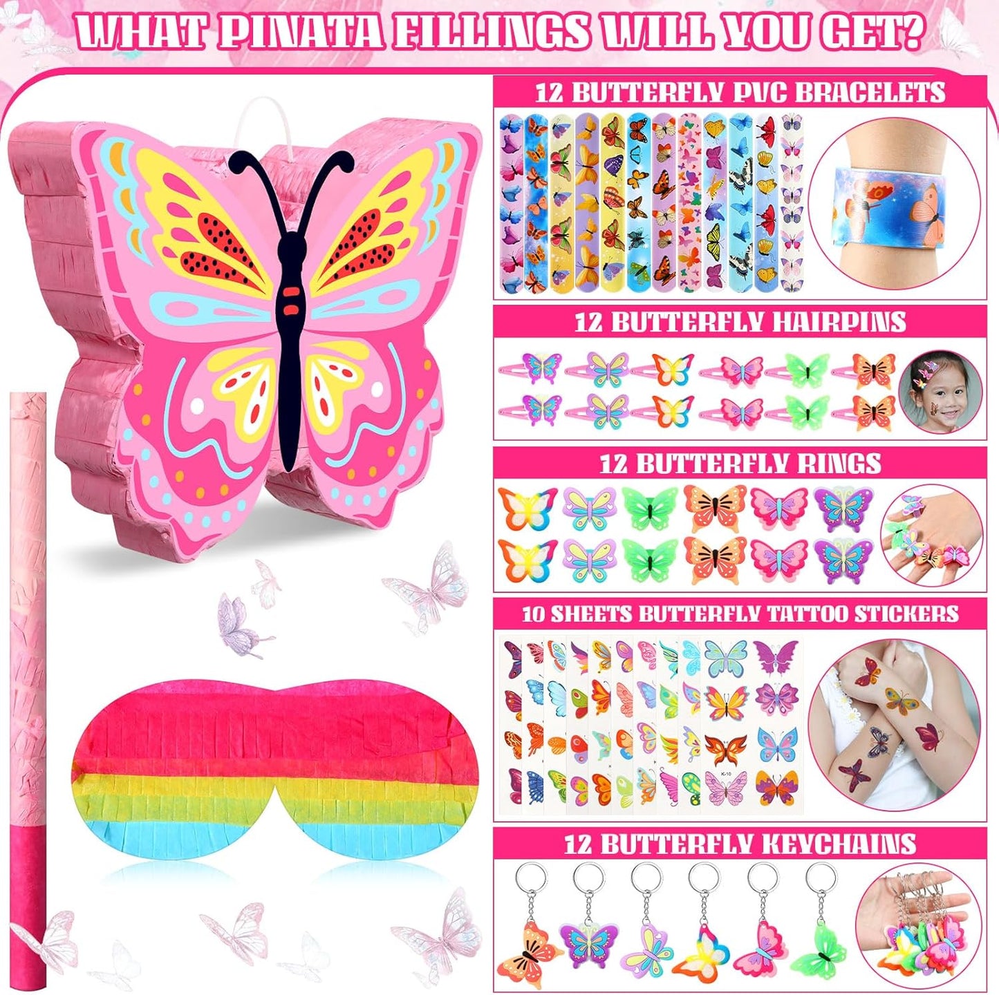 Pasimy 51 Pcs Butterfly Piñata Set Butterfly Birthday Party Supplies Piñata with Stick Blindfold Sticker Hairpin Ring Slap Bracelet Keychain Party Favors for Family Game Decoration(Pink)