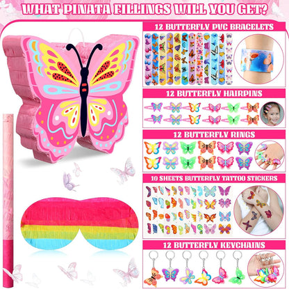Pasimy 51 Pcs Butterfly Piñata Set Butterfly Birthday Party Supplies Piñata with Stick Blindfold Sticker Hairpin Ring Slap Bracelet Keychain Party Favors for Family Game Decoration(Pink)