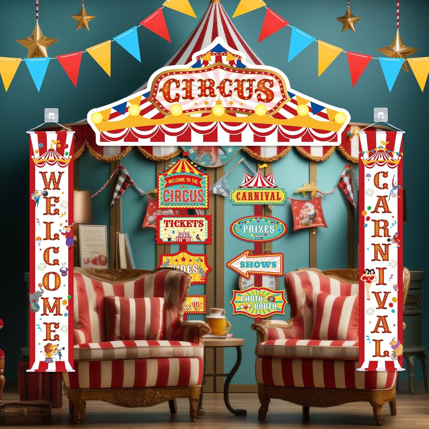 15 Pcs Circus Decorations Carnival Striped Awning Porch Banner Carnival Theme Directional Signs Welcome to the Circus for Birthday Party Supplies