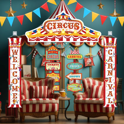15 Pcs Circus Decorations Carnival Striped Awning Porch Banner Carnival Theme Directional Signs Welcome to the Circus for Birthday Party Supplies