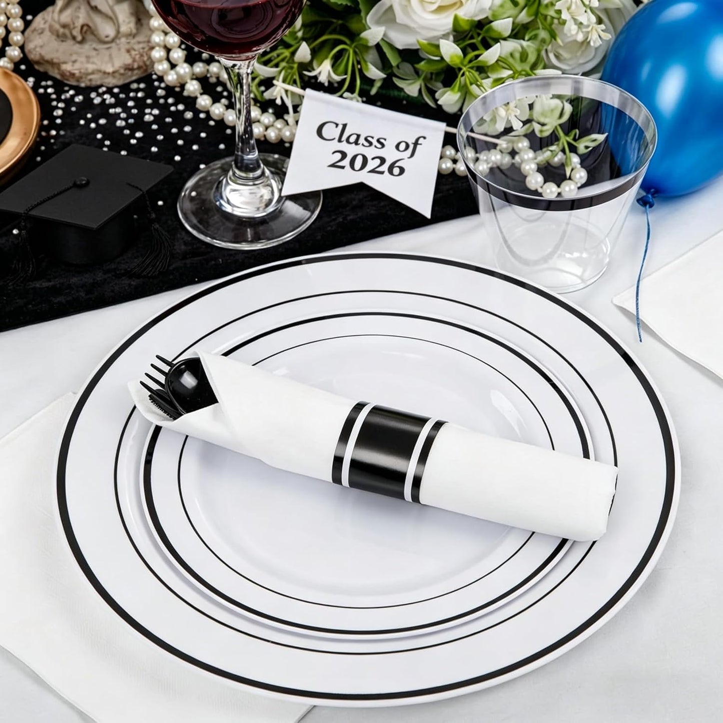 WELLIFE 350-Piece Gold Disposable Plates and Cutlery Set - Premium 10.25" Dinner Plates, 7.5" Dessert Plates, 9oz Cups & Cutlery for Weddings, Catering Events - 50 Guest Service - Elegant & Sturdy