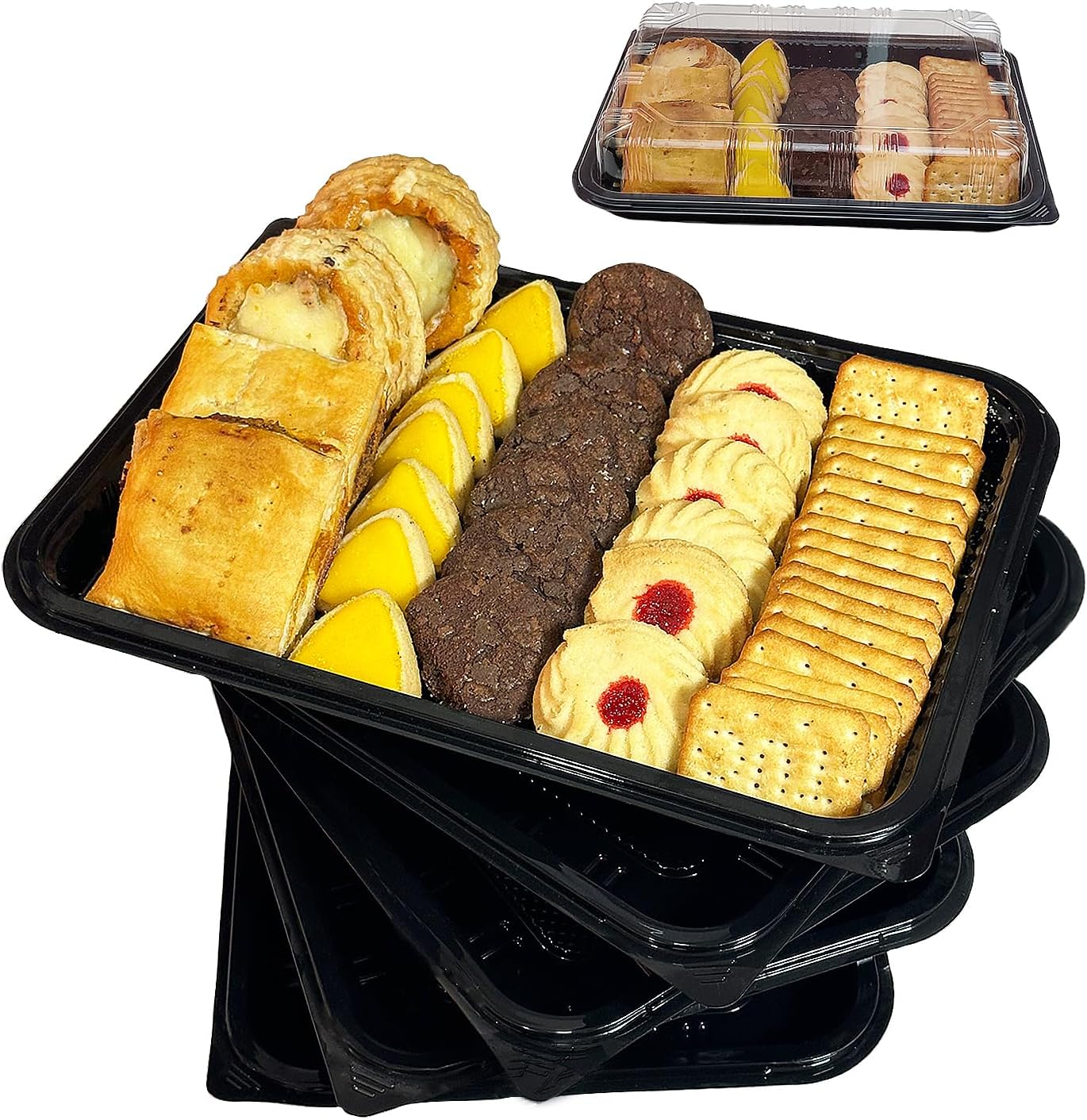 TRAYA Pack of 6 Serving Tray with lid - Reusable Catering Trays with Lids 13'' Long for Meal Prep, Cakes, Treats and Sandwiches (13.39 × 9.84 × 2.95 inch)