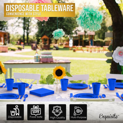 350 Pcs Black Plastic Plates For Party, Black Disposable Plates Set, 50 Of Each 9" Dinner Plate Set, 7" Dessert Plate, Cups, Napkins & Cutlery Plastic Dinnerware Set Exquisite