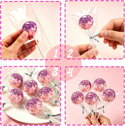 Basquei Cake Pop Sticks 6 Inches, Cake Pop Bags (3.9"X4.7"), Pink Metallic Twist Ties, 300 Pcs Cake Pop Kit Used for, Lollipops Cake, Candies, Chocolates Making Tools