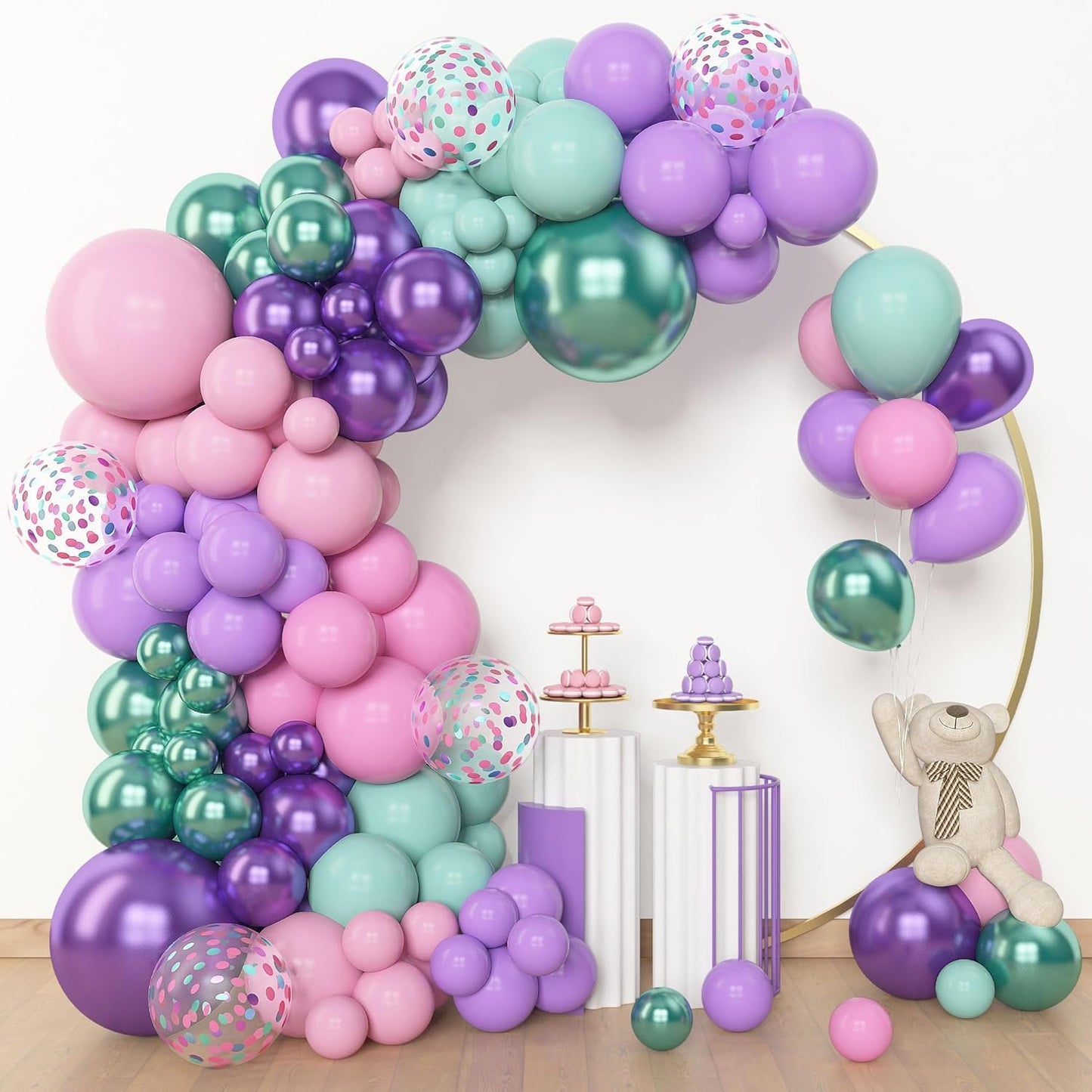 Amandir 153pcs Purple Blue Pink Balloon Garland Arch Kit, Different Sizes 18 12 10 5 inch Teal Yellow Latex Metallic Confetti Balloons for Magic Birthday Engagement Party Decoration