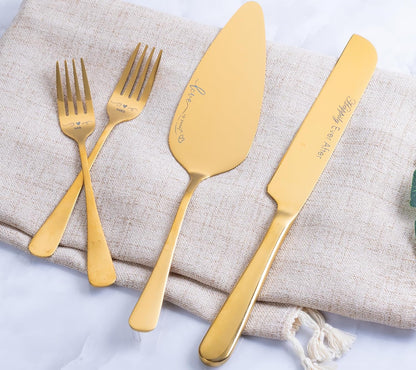 Wedding Cake Knife and Server Set with Forks, Engraved Cake Cutting Set for Wedding Anniversary Christmas Engagement（Gold