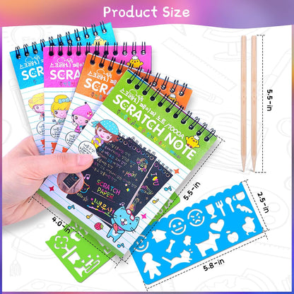 POKONBOY 16 Pack Scratch Arts and Crafts Notebooks, Scratch Note Pads for Kids Rainbow Party Favors Coloring Books for Kids Art Party Supplies Stocking Stuffers（16 Wooden Stylus & 4 Drawing Stencils）