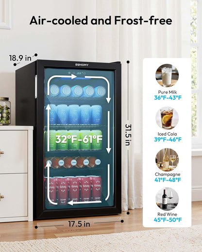 EUHOMY 4.5 Cu.ft Beverage Refrigerator and Cooler, 145 Can Mini fridge with Glass Door for Soda Beer Wine, Small Drink Dispenser with Digital Adjustable Thermostat for Home Office Bar