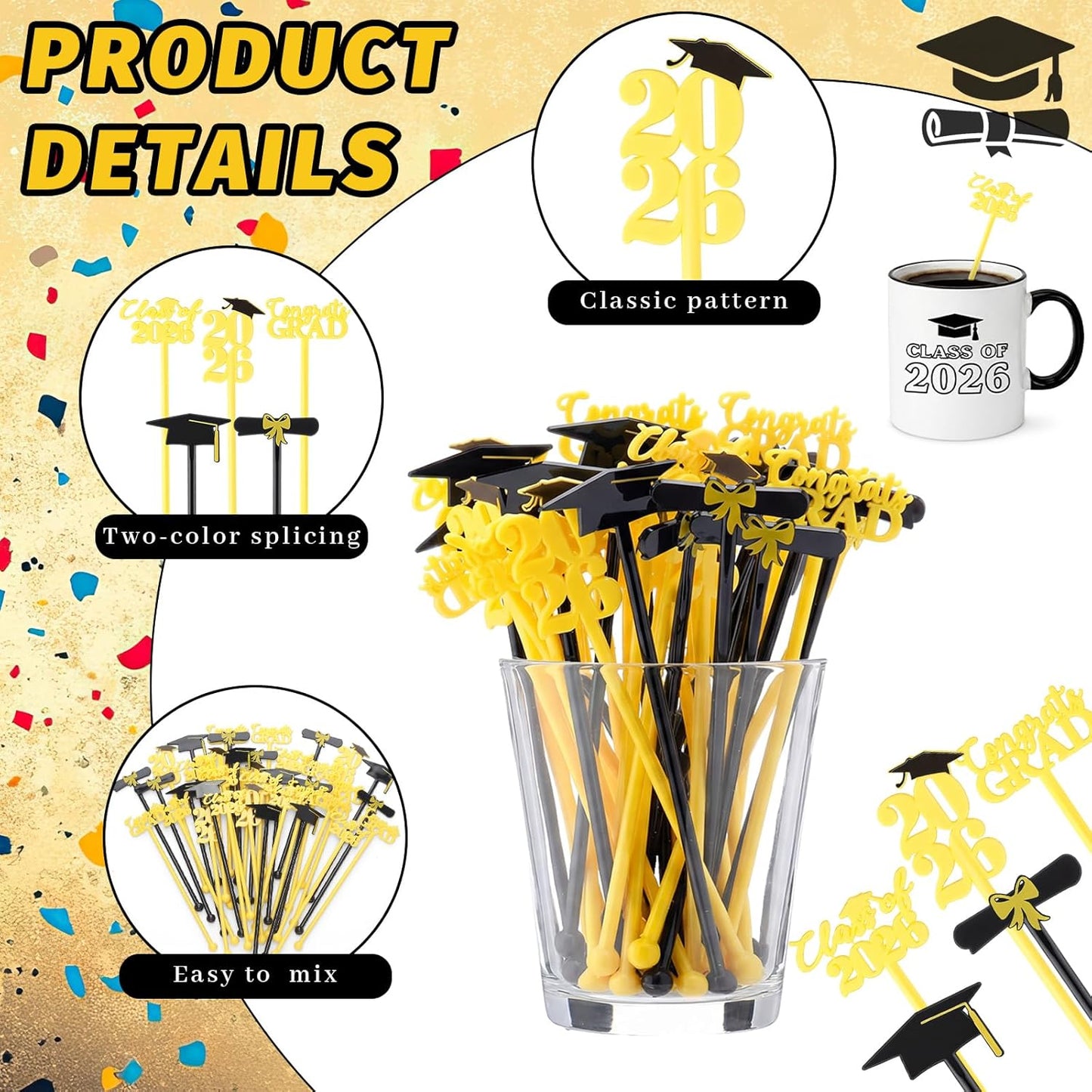 Novabright 50 Pcs Graduation Drink Stirrers Class of 2026 Coffee Stir Sticks Graduation Party Favor Congrats Grad Cocktail Mixers Plastic Swizzle Sticks Beverage Tea Party Bar Supplies