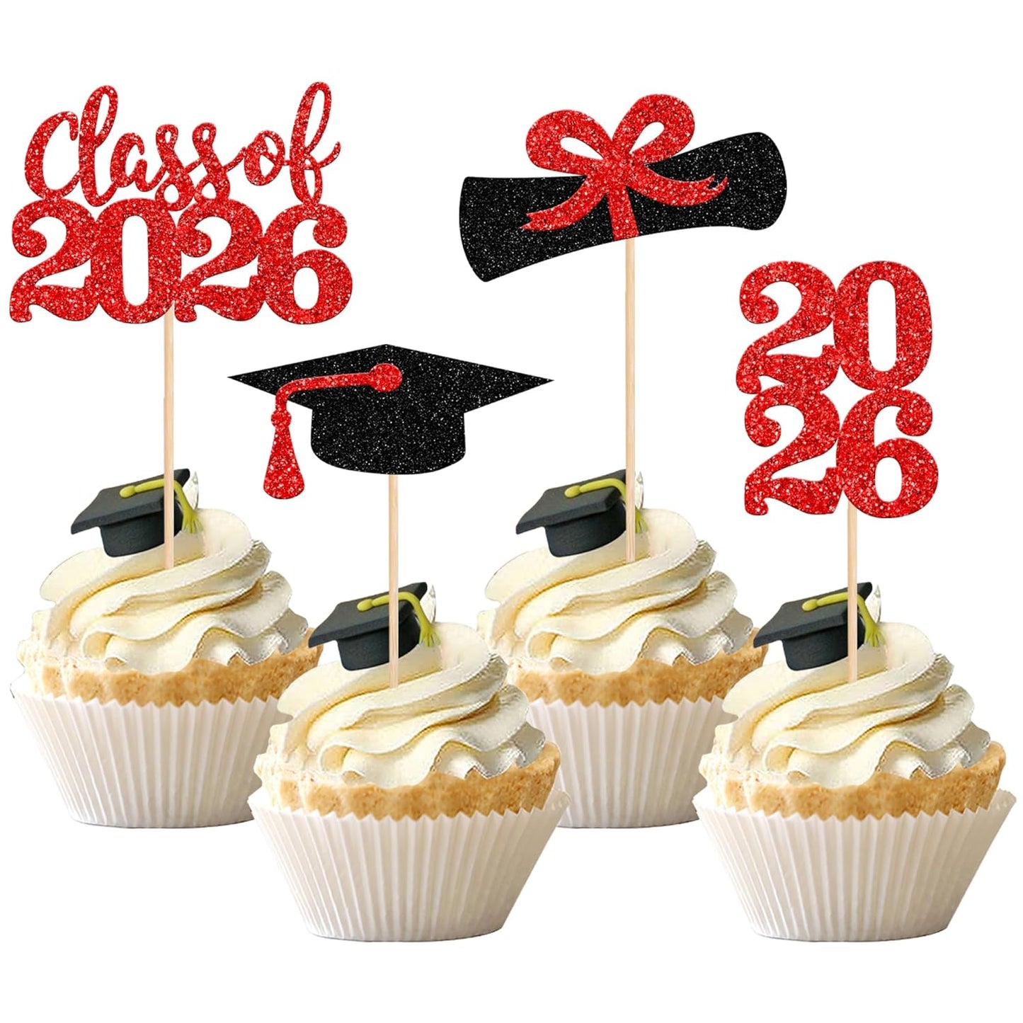 36 PCS 2026 Graduation Theme Cupcake Toppers Glitter Class of 2026 Grad Cap Diploma Cupcake Picks 2026 Graduation Theme Party Cake Decorations Supplies Deep Blue