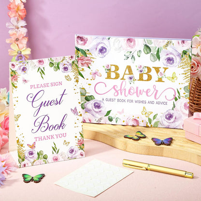 Fuyoooo 27 Pcs Safari Animal Baby Shower Guest Book Set Baby Shower Sign in Guest Floral Book Place Table Cards with Gold Pen Adhesive Photo Corner for Birthday Party