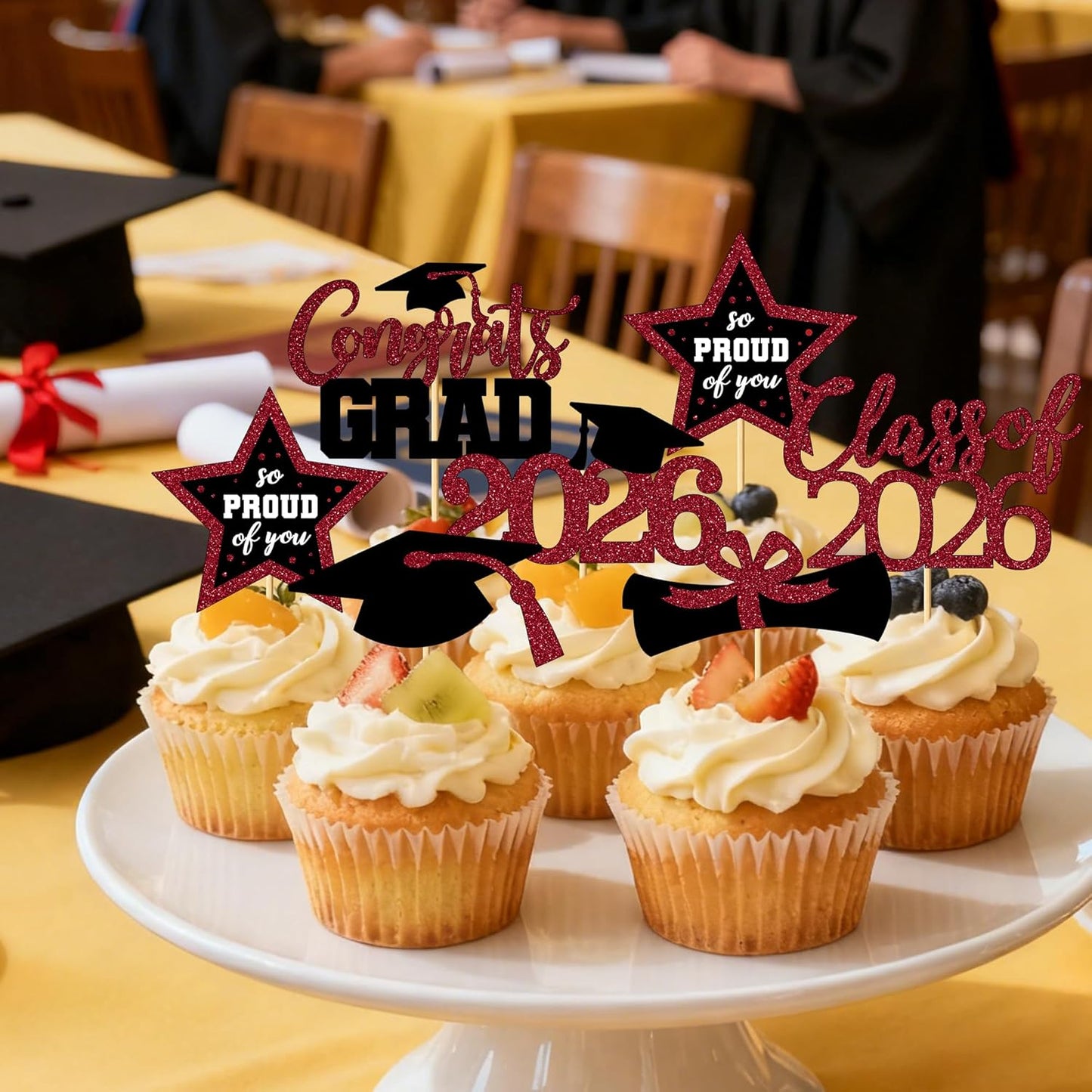 48 PCS Graduation Cupcake Toppers, Glittery 6 Styles Congrats Grad Cake Topper, Black and Red Graduation Decorations 2026, Cap and Diploma Cake Picks for Grad Party Supplies