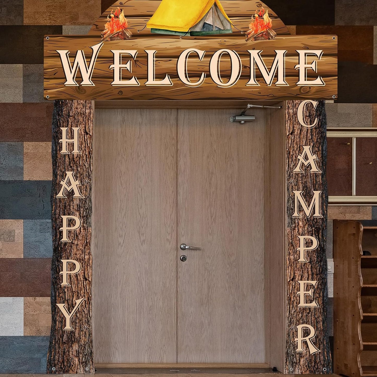 Peryiter 3 Pcs Camping Themed Party Decorations Banner Welcome Porch Sign with 1 Double Sided Tape for Summer Camp Birthday Hawaii Baby Shower Themed Party Activity Decor door (Forest Style)