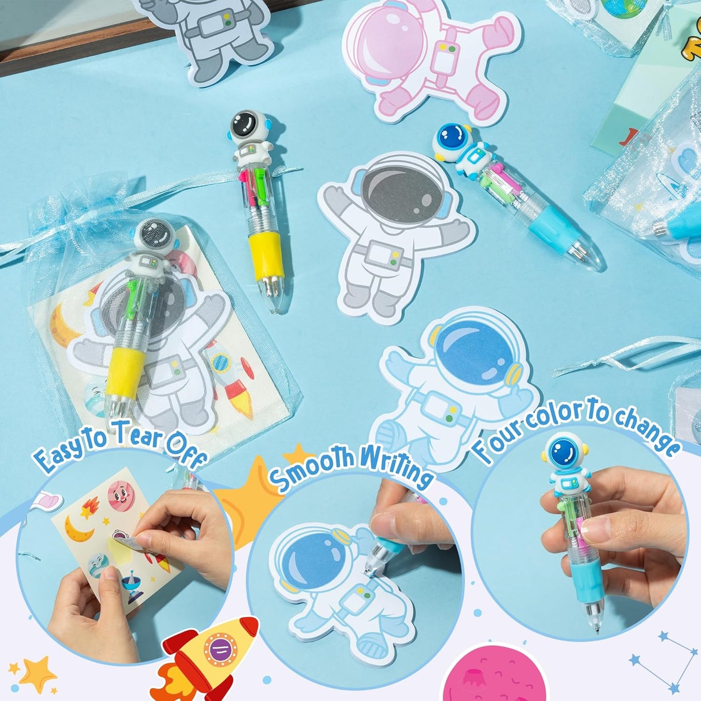 CY2SIDE Dinosaur Stationery Party Gift - 24 Pack Back to School Gifts Set Include 4-in-1 Ballpoint Pens Sticky Notes Stickers & Organza Dino Animal Party Favors Goodie Bag Fillers for Classroom Prizes