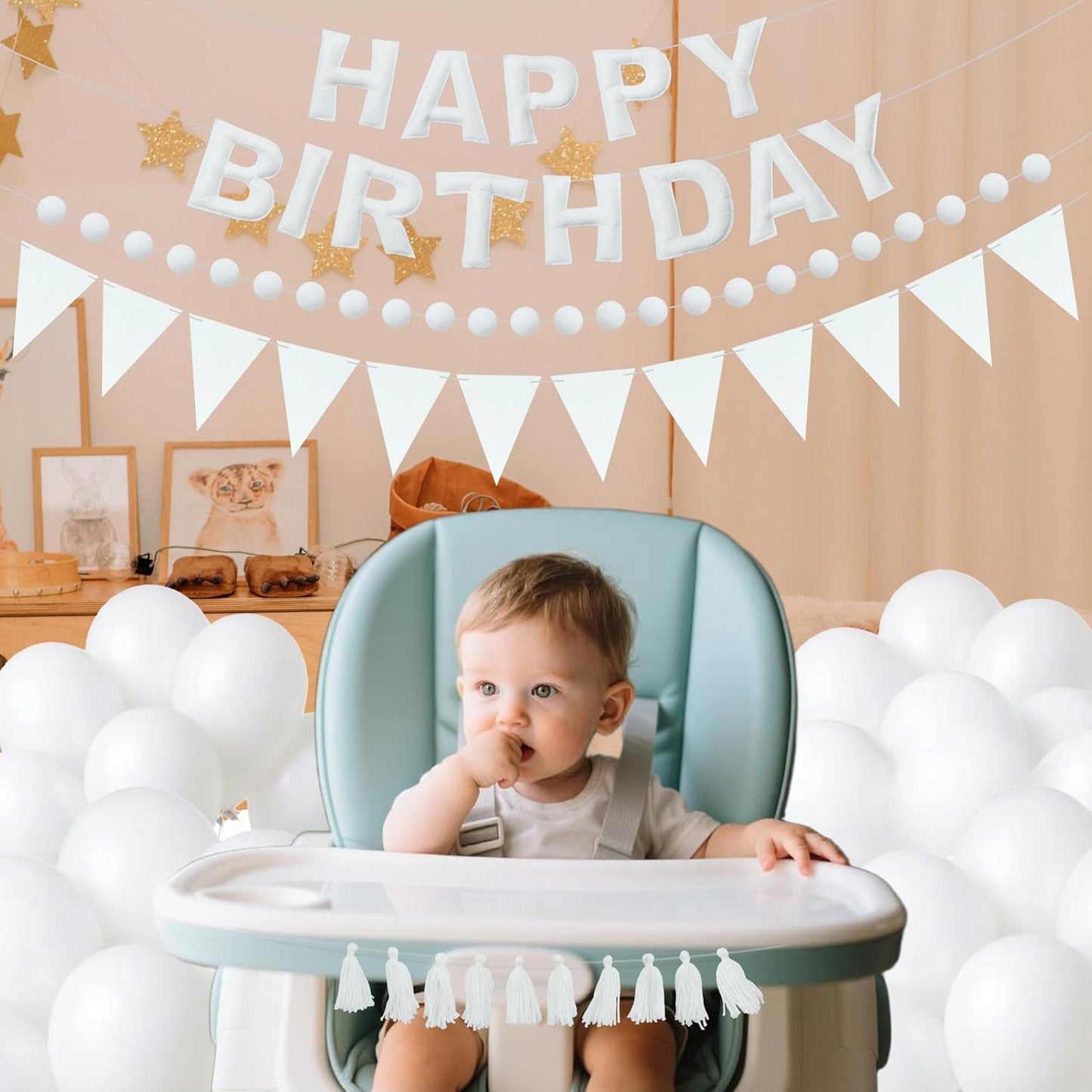 2 PCS Pre-Strung 3D Felt Happy Birthday Banner - Reusable Blue and Green Happy birthday Decorations Sign,Handmade Wool Felt Ball Garland, Pom Pom Garland, Party Decor, Photo Prop