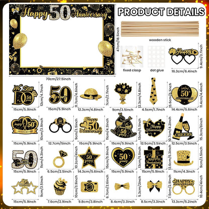 50th Wedding Anniversary Decorations Black Gold 50th Wedding Anniversary Party Photo Booth Props and Selfie Frame Silver Happy 50 Years Anniversaries Party Supplies for Women Men Cheers to 50 Years