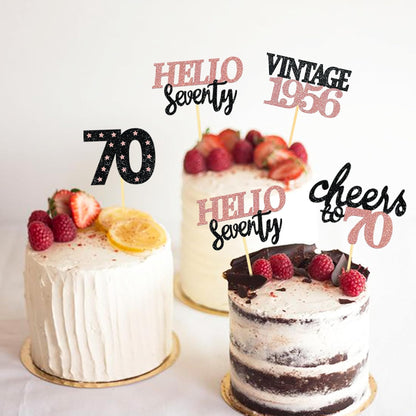 24 Pcs Glitter 70th Birthday Cupcake Toppers for Celebrating 70th Birthday Party Decorations for Seventy Years Old Birthday Party Supplies (Rose Gold2)