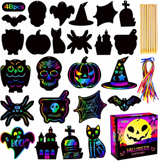 MGparty Scratch Paper Craft for Kids - 48 Pcs Halloween Magic Rainbow Scratch Paper Off Cards Set for Kids Crafts Arts Supplies Halloween Ornaments Party Games Birthday Gifts