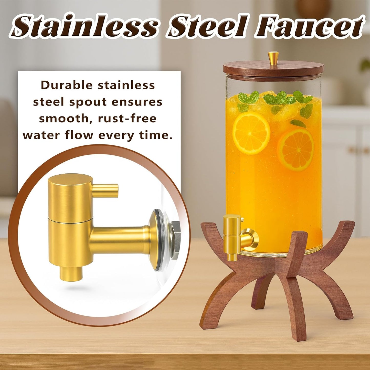 Glass Drink Dispenser,1.5 Gallon Beverage Dispenser with Stand,Lemonade Dispenser with Stainless Steel Faucet,Drink Dispensers for Parties, Bars and Home (Round Stand)