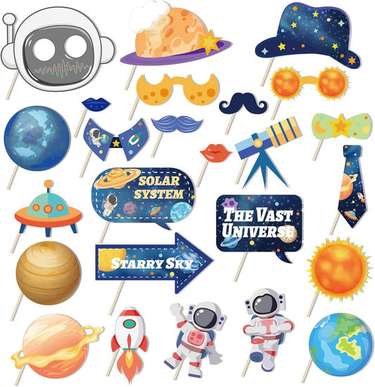 25Ct Space Photo Booth Props with Stick, Outer Space Photo Booth Props, Planet Patterns Photo Booth Props, Galaxy Theme Selfie Props for Astronaut Party, Solar System Party, Planet Party