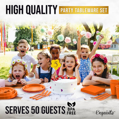 350 Pcs Black Plastic Plates For Party, Black Disposable Plates Set, 50 Of Each 9" Dinner Plate Set, 7" Dessert Plate, Cups, Napkins & Cutlery Plastic Dinnerware Set Exquisite