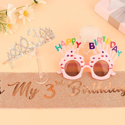 YARIEW 3rd Birthday Decorations, 3rd Glitter Purple Sash and Crown Kit with Happy Birthday Sunglasses, Tiara Princess Crown and Sash Party Outfit Accessory